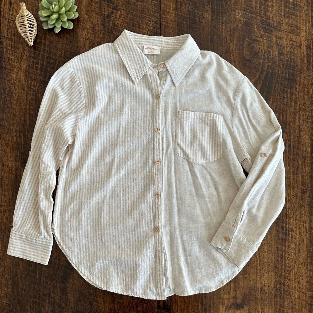 Allie Rose | Cotton & Linen Blend Striped/Solid Contrast Button Down Shirt